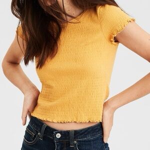 American Eagle Yellow Textured Crop Top Small Short Sleeve Lettuce Hem Shirt